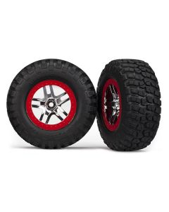 Traxxas 6873R Tires/Wheels, assembled, glued (S1 ultra-soft) (SCT Split-Spoke chrome, red beadlock style wheels) 1/10 2pcs