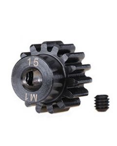 Traxxas 6487R Gear, 15T pinion (machined) (1.0 metric pitch) (fits 5mm shaft)/ set screw (for use only w/steel spur gears)