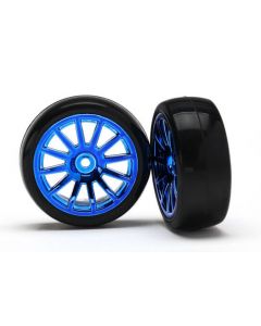 Latrax 7573R Tires & wheels, assembled, glued (12-spoke blue chrome wheels, slick tires) (2) 1/18