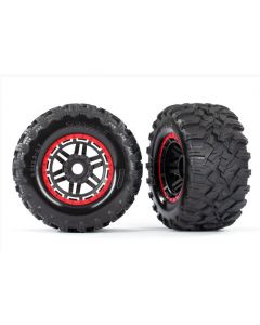 Traxxas 8972R Tires & wheels, assembled, glued (black, red beadlock style wheels, Maxx® MT tires, foam inserts) (2) (17mm splined) (TSM® rated) 1/10